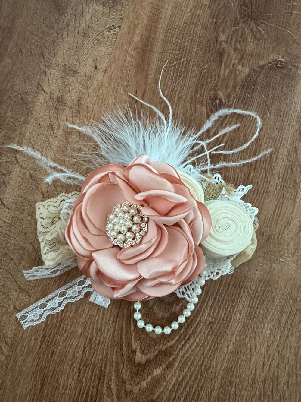 Peach Satin Flower Headband with Pearl Accent - Kids Accessories
